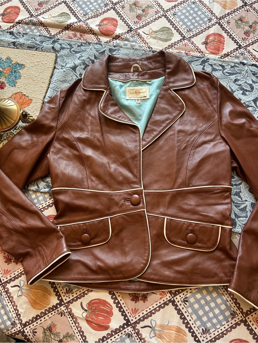 Wilson Leather Brown leather jacket with cream piping, size M